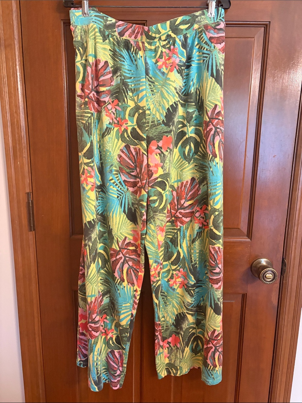 Denim&Co Tropical Print Wide-Leg Pants in Green, Teal & Coral Women’s Plus Size